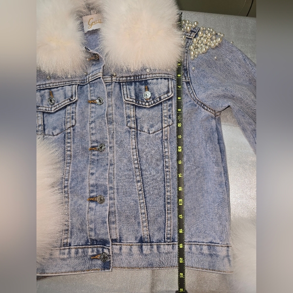 Stylish Blue Denim Beaded Jacket with White Faux Fur Collar By Gerlz Furs Medium - Picture 5 of 11